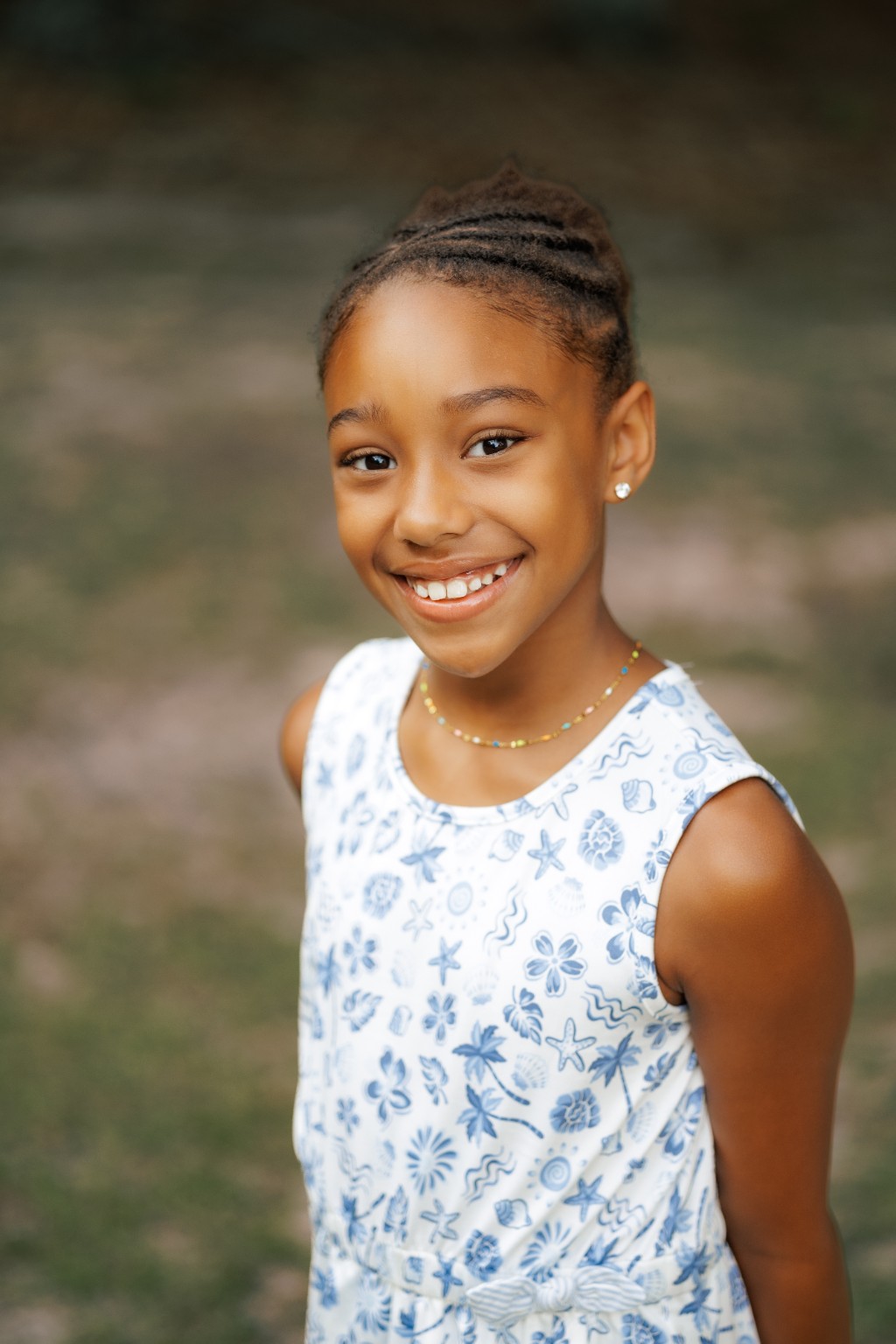 Portrait of a daughter in a floral dress
